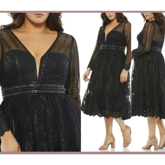 Mac Duggal 67902 Long Sleeve Illusion Lace Midi Gown SZ 16W Black $498 - Picture 2 of 6